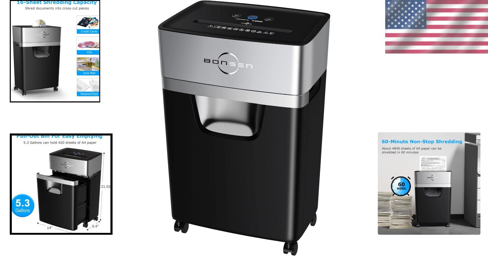 Quiet Office Paper Shredder with 5.3-Gallon Bin - Anti-Jam & Portable Design