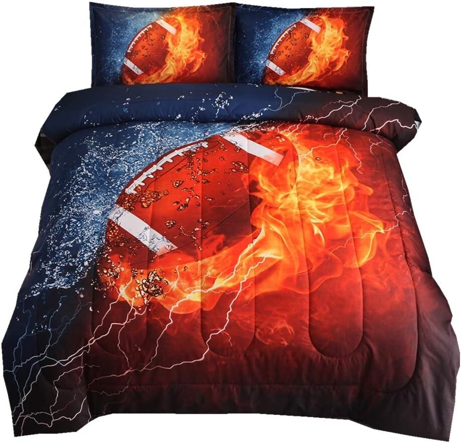Full Size American Football Comforter Set with 3D Rugby Print - Fun for Teens