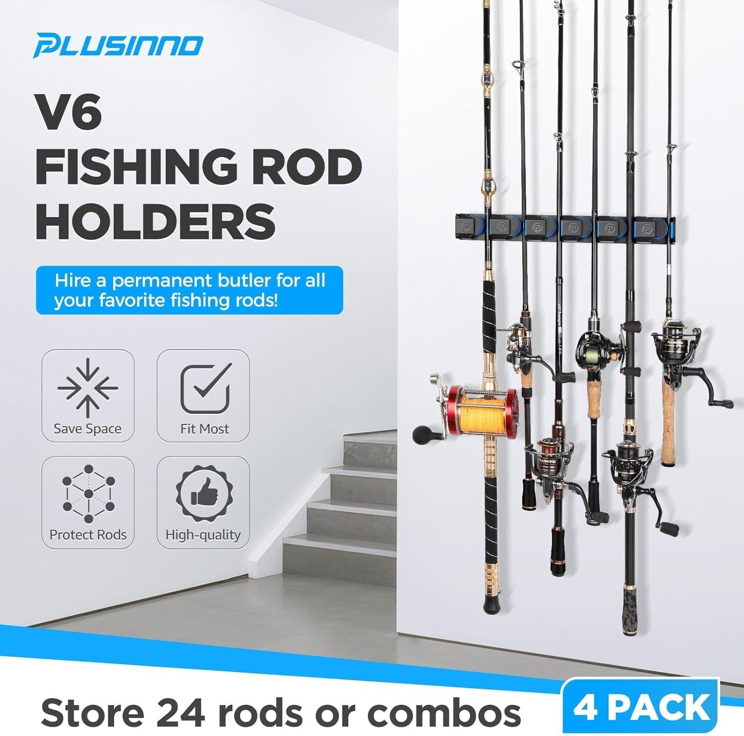 Heavy-Duty Fishing Rod Rack - V6 Holders for Garage & Stylish Organization