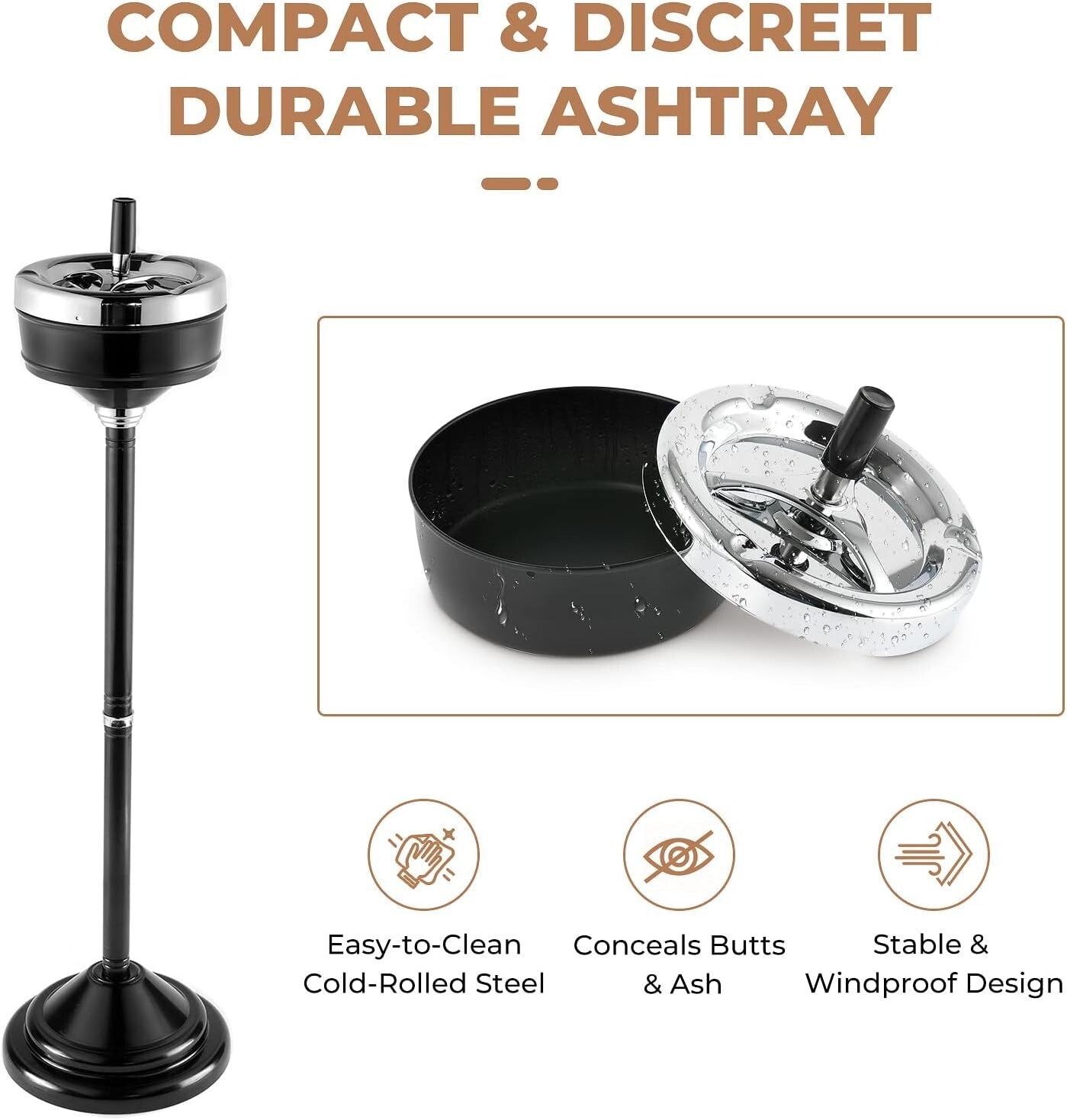 Adjustable Height Stainless Steel Self-Cleaning Ashtray for Indoor/Outdoor Use
