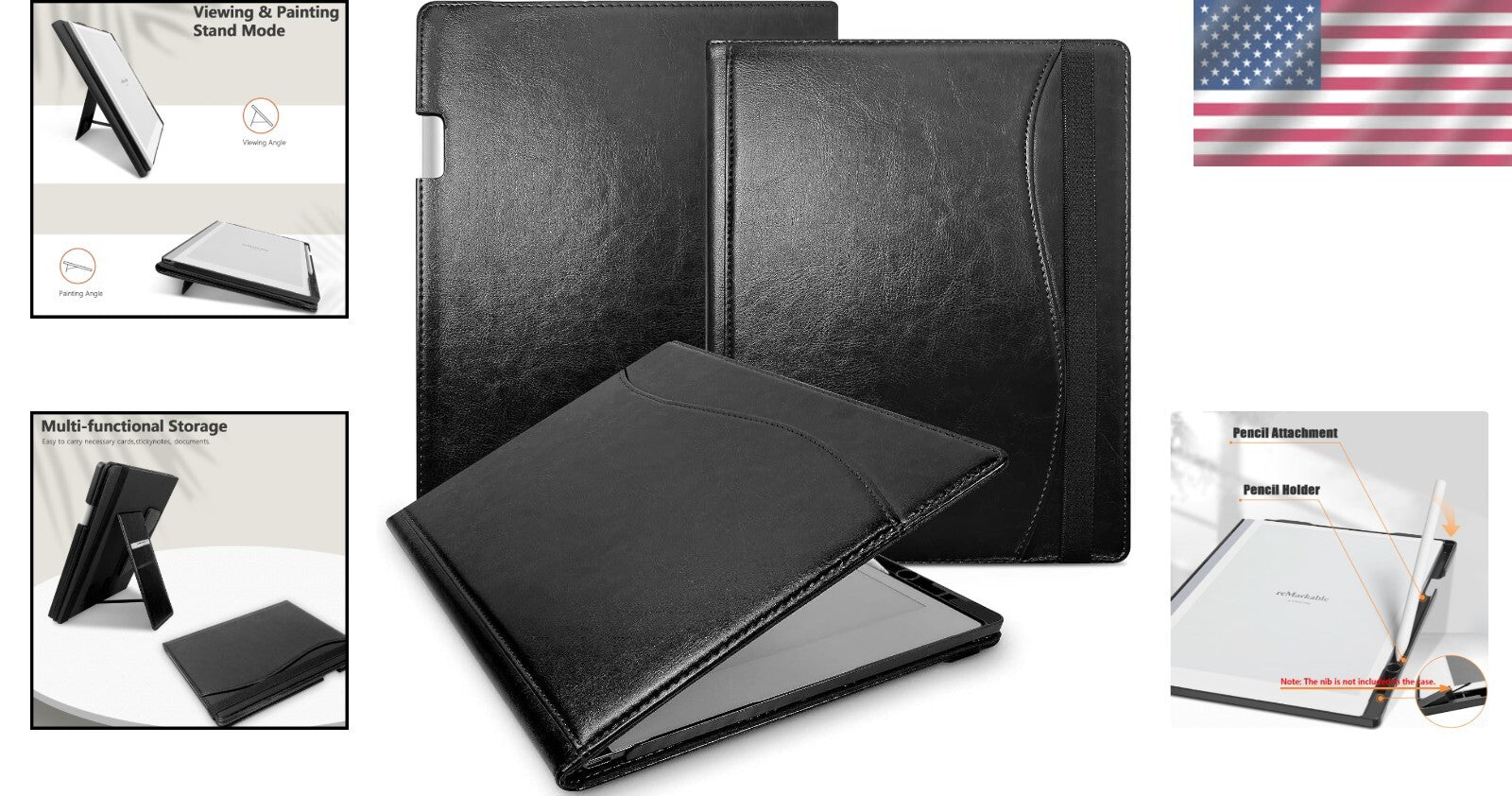 Remarkable 2 Tablet Cover - Stylish Black Leather Case with Built-in Pen Holder