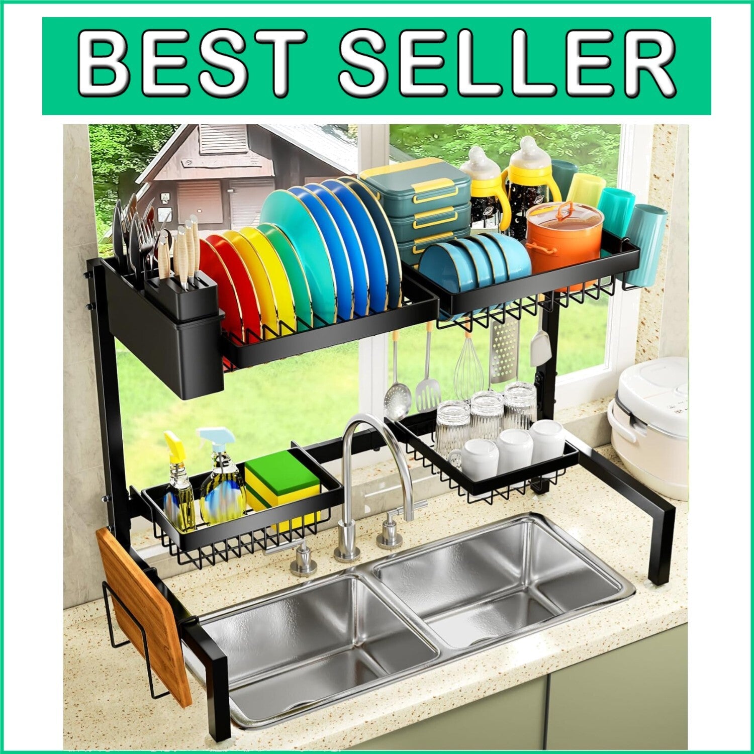 4-Basket Sink Drying Rack - Adjustable 2-Tier Organizer for Kitchen Efficiency