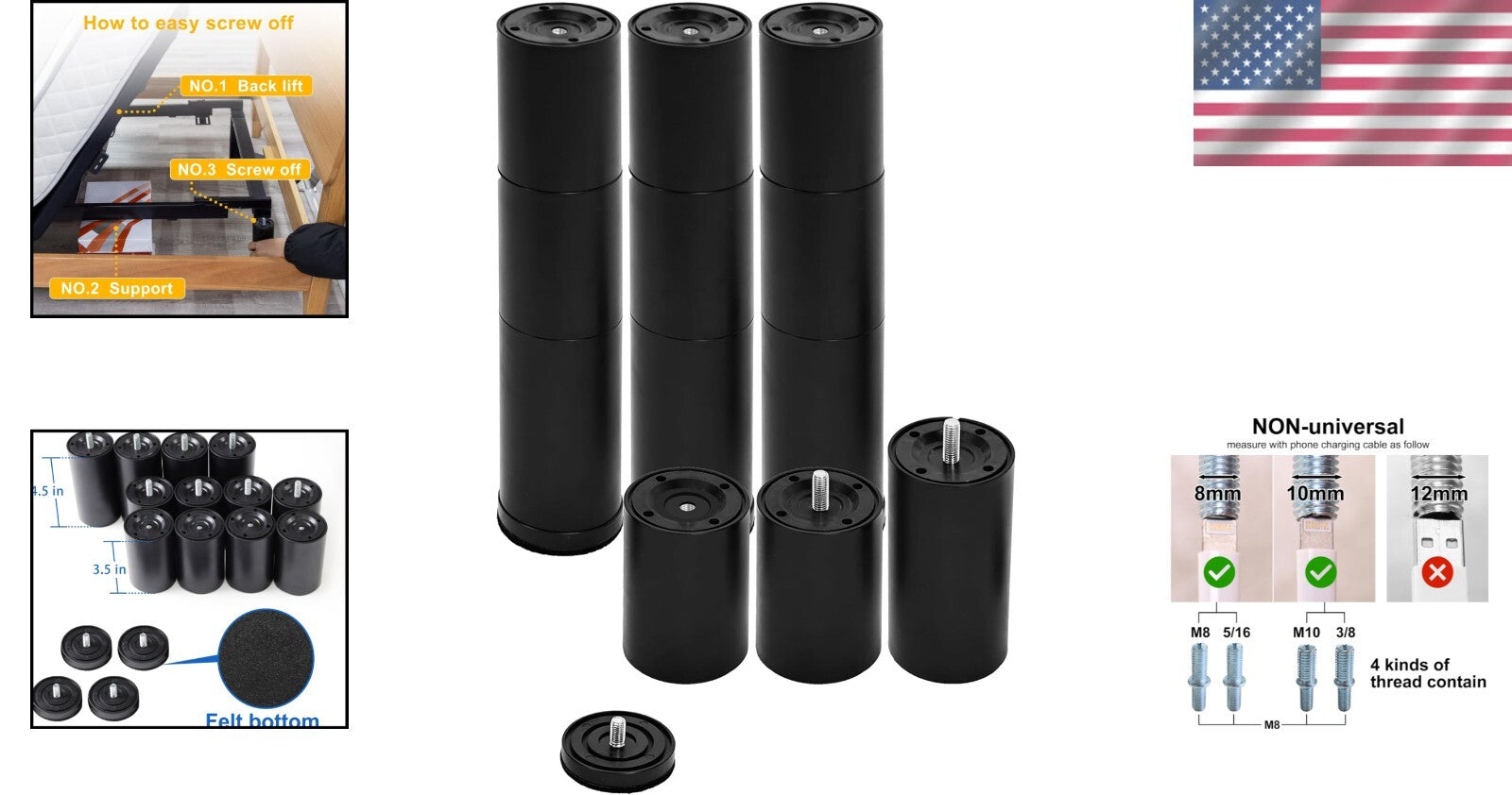 Stainless Steel Bed Legs 12 Inch with Felt Bottom for Hard Floor Protection