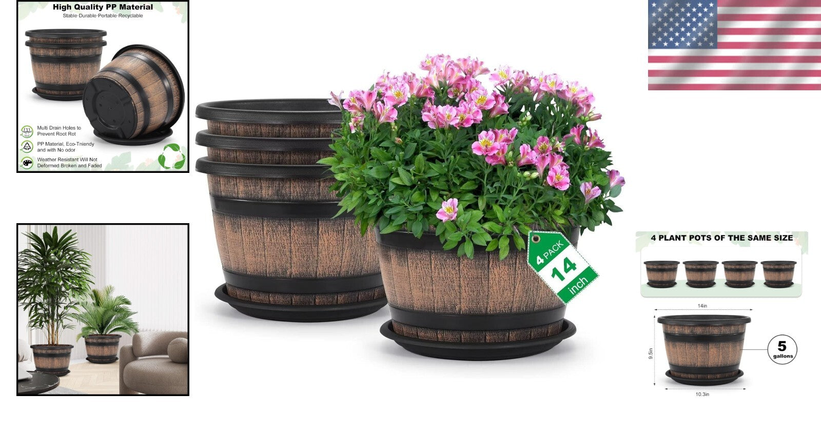 Elegant 14" Round Resin Flower Pots - 5-Gallon Whiskey Barrel Planter Design