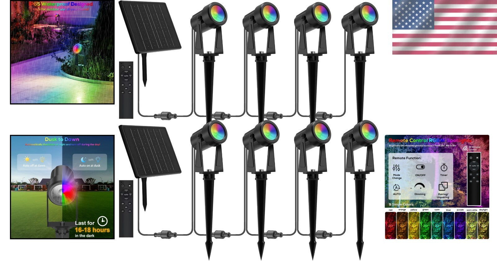 High-Capacity Solar RGBW Spot Lights - Waterproof & Easy Installation Set