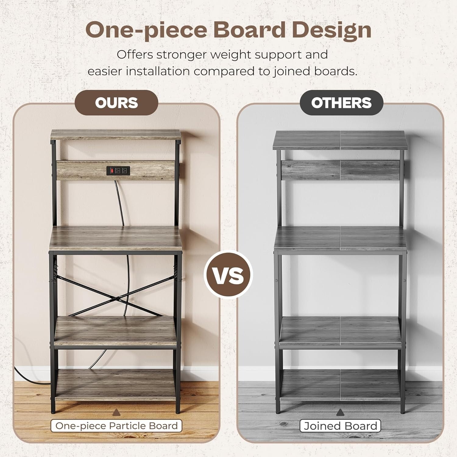 Versatile Kitchen Bakers Rack with Power Outlets & 6 Hooks for Easy Organization