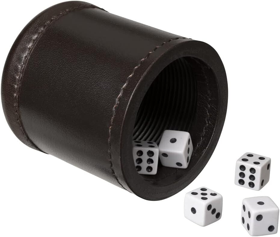 Handmade Luxury Dark Brown Leather Dice Cup Set with 5 Dice & Carry Bag