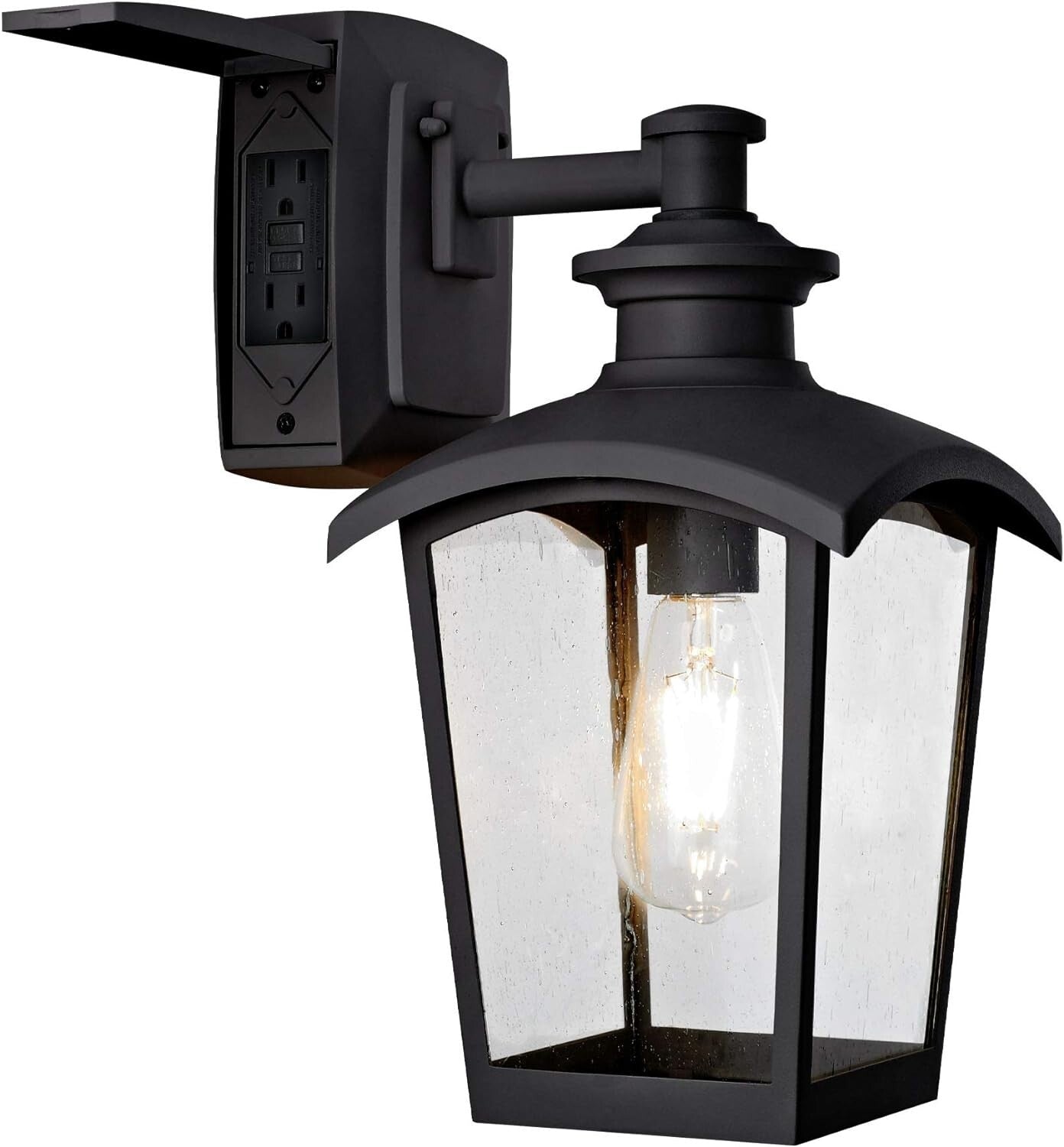 Elegant 1-Light Black Wall Sconce with Seeded Glass and Integrated GFCI Outlet