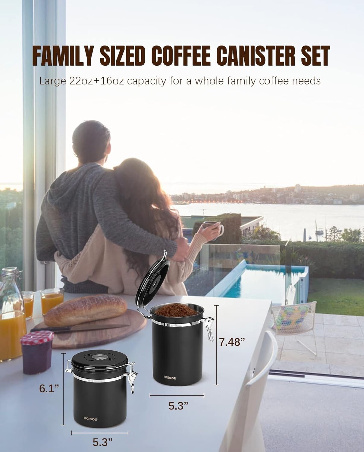Airtight Coffee Canister Set, 22oz + 16oz with CO2 Valves & Date Tracker - Black