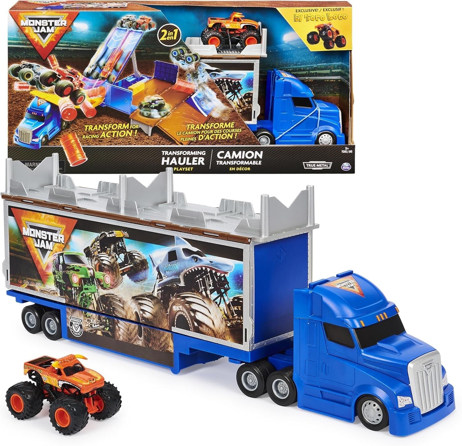 Exclusive El Toro Loco Monster Truck and Transforming Hauler Playset for Ages 4+