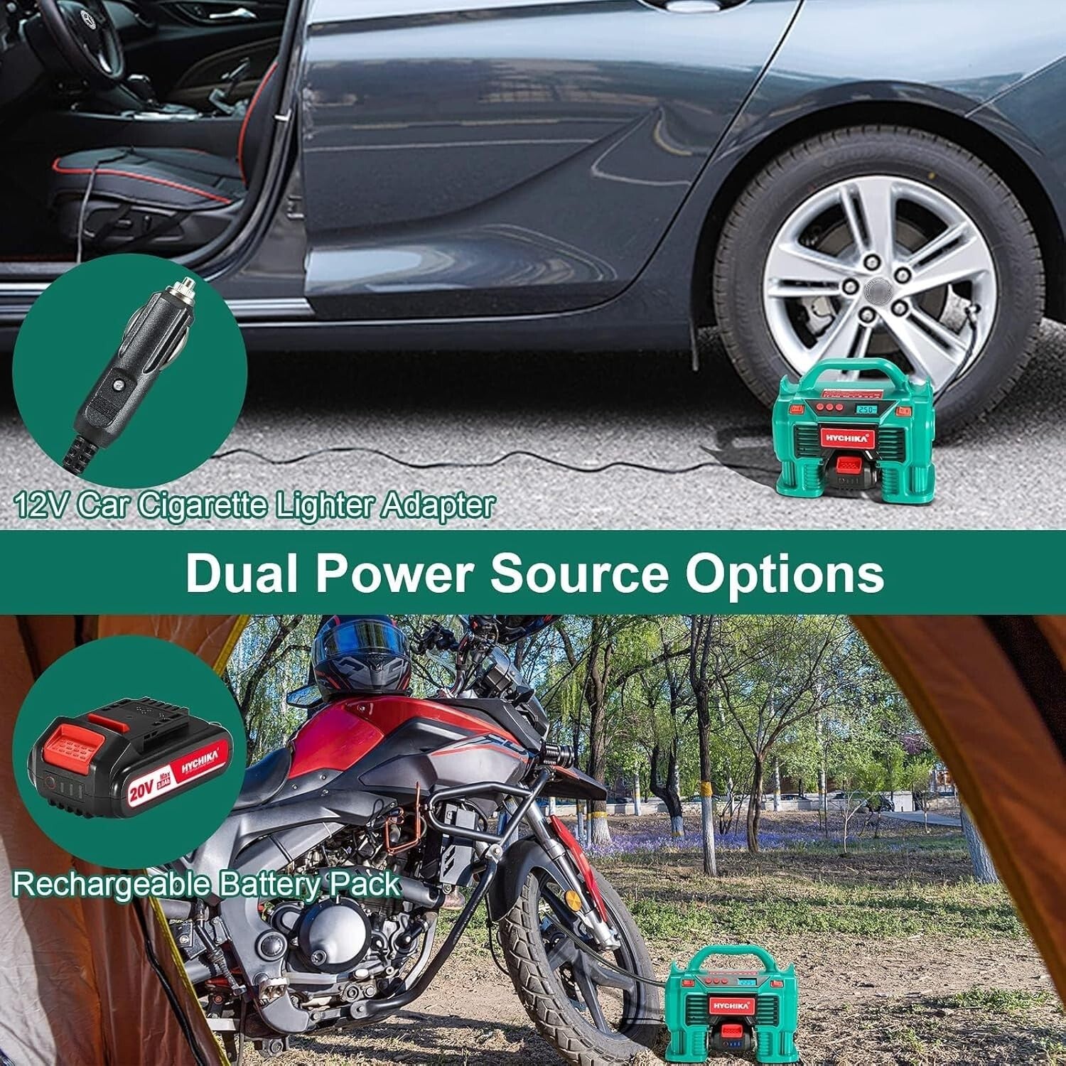 HYCHIKA 20V Air Compressor: 2-Ways Power, 160 PSI & Fast Charging Capability