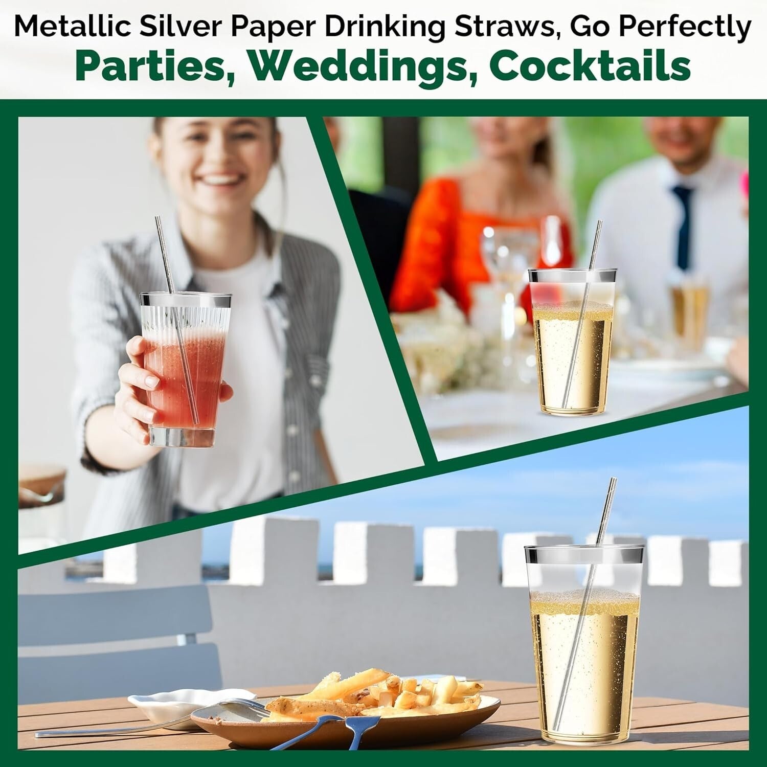 7.75" Stylish Silver Disposable Paper Straws - Perfect for Cocktails & Parties
