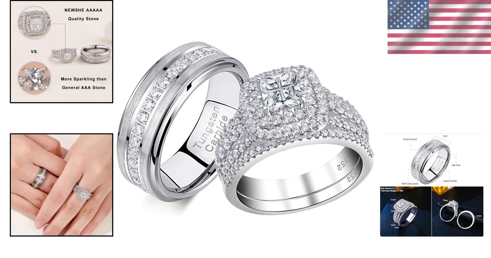 His and Hers Tungsten & Sterling Silver Wedding Ring Set - Gift Ready Packaging