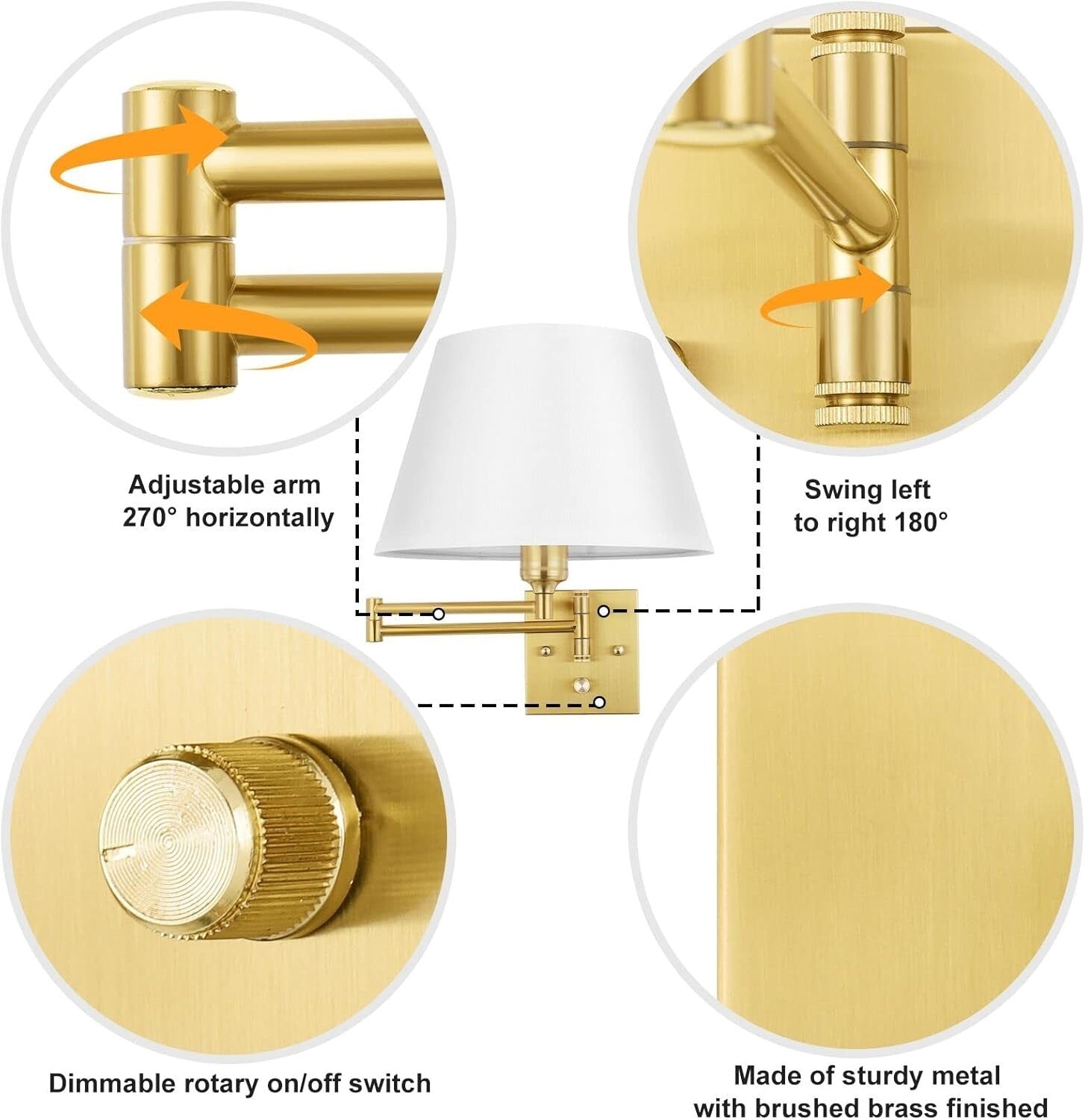 Adjustable Swing Arm Dimmable Wall Sconces - Elegant Design with Fabric Shade
