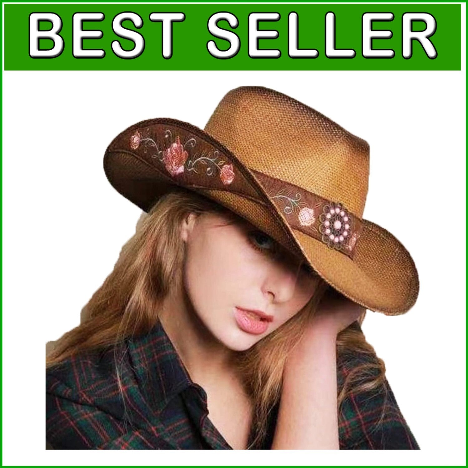 Handmade Brown Cowgirl Hat with Unique Peony Embroidery - Women’s Western Style