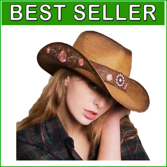 Handmade Brown Cowgirl Hat with Unique Peony Embroidery - Women’s Western Style