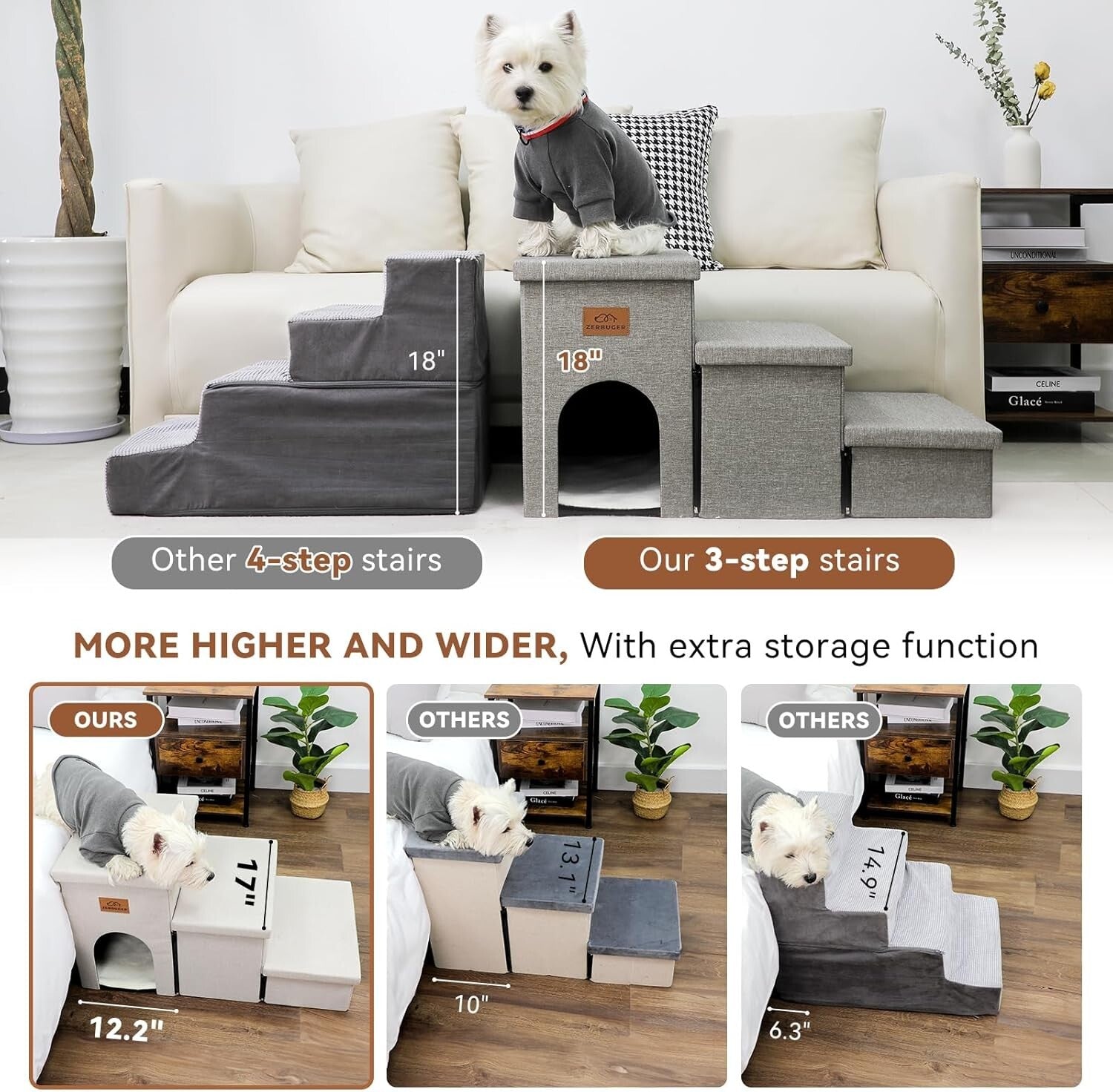 Wide Smok Gray Pet Steps - 3 Steps for High Beds & Cars, Up to 200 lbs Capacity