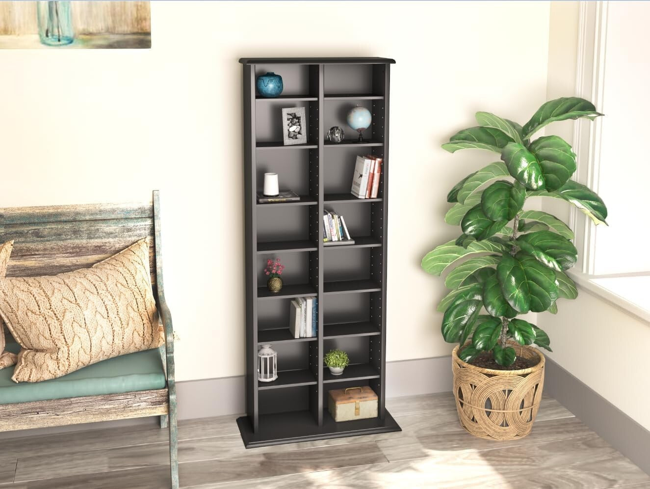 2-Column Tall Media Storage Cabinet - 22" Wide Black Organizer for CDs and DVDs