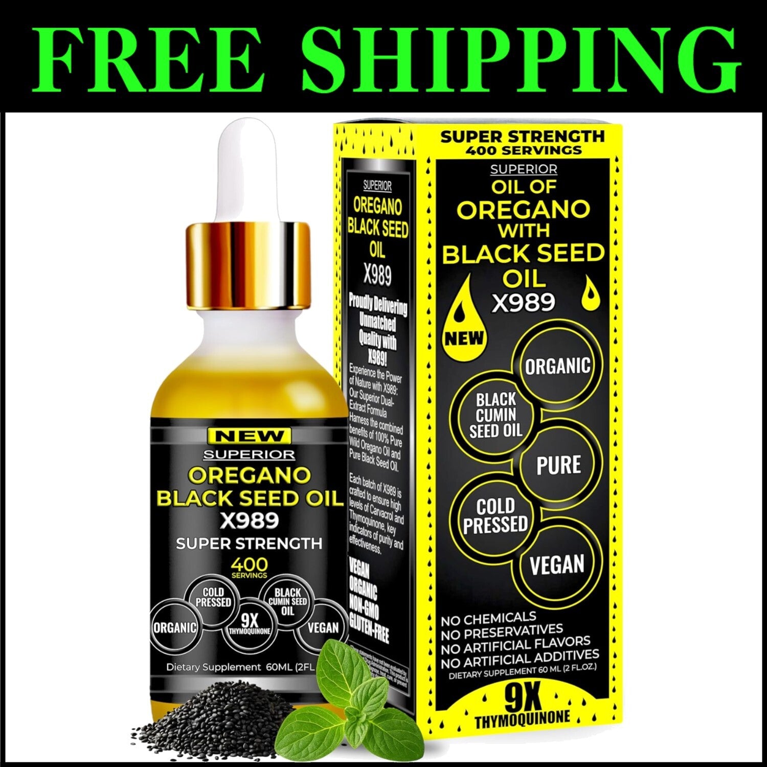 Natural Oil of Oregano & Black Seed Extract - Organic 400 Servings for Vitality