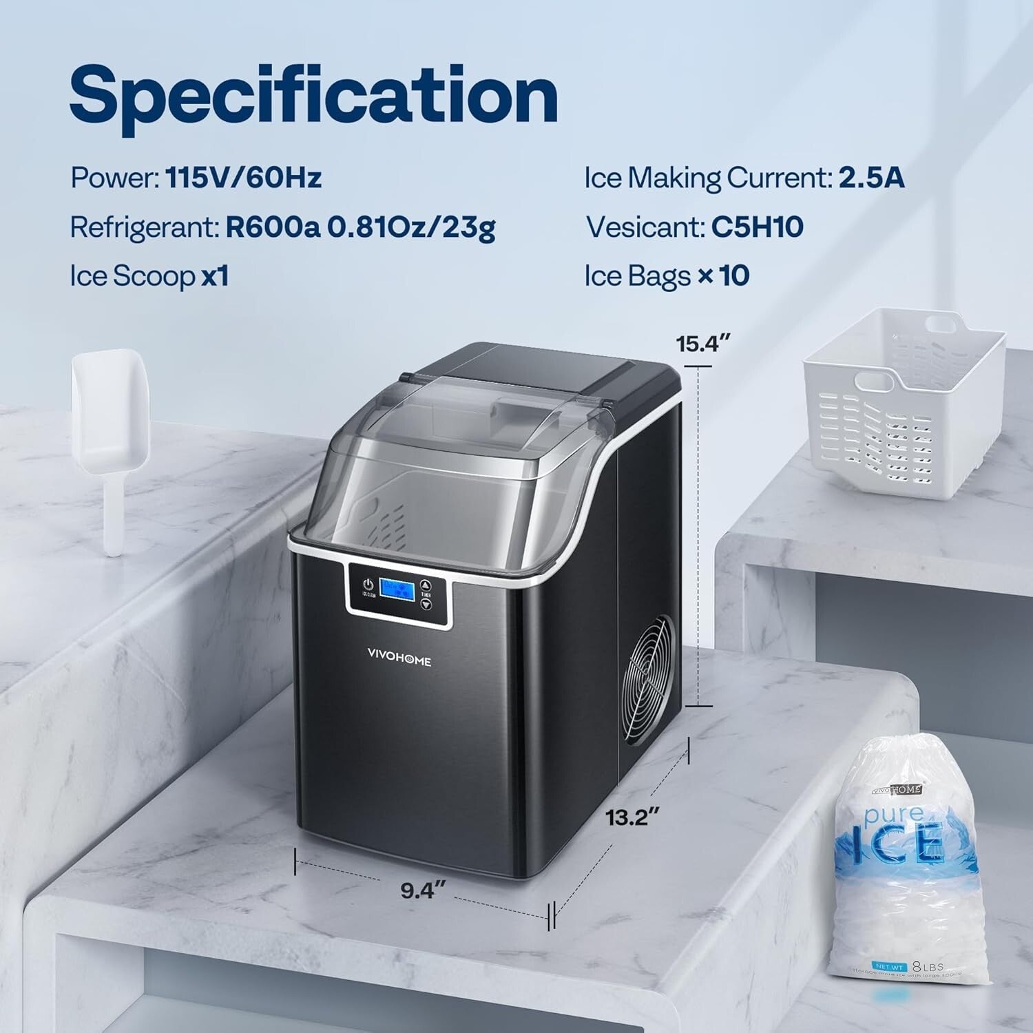 Efficient Nugget Ice Maker with LCD Panel and Self-Cleaning Feature - Portable