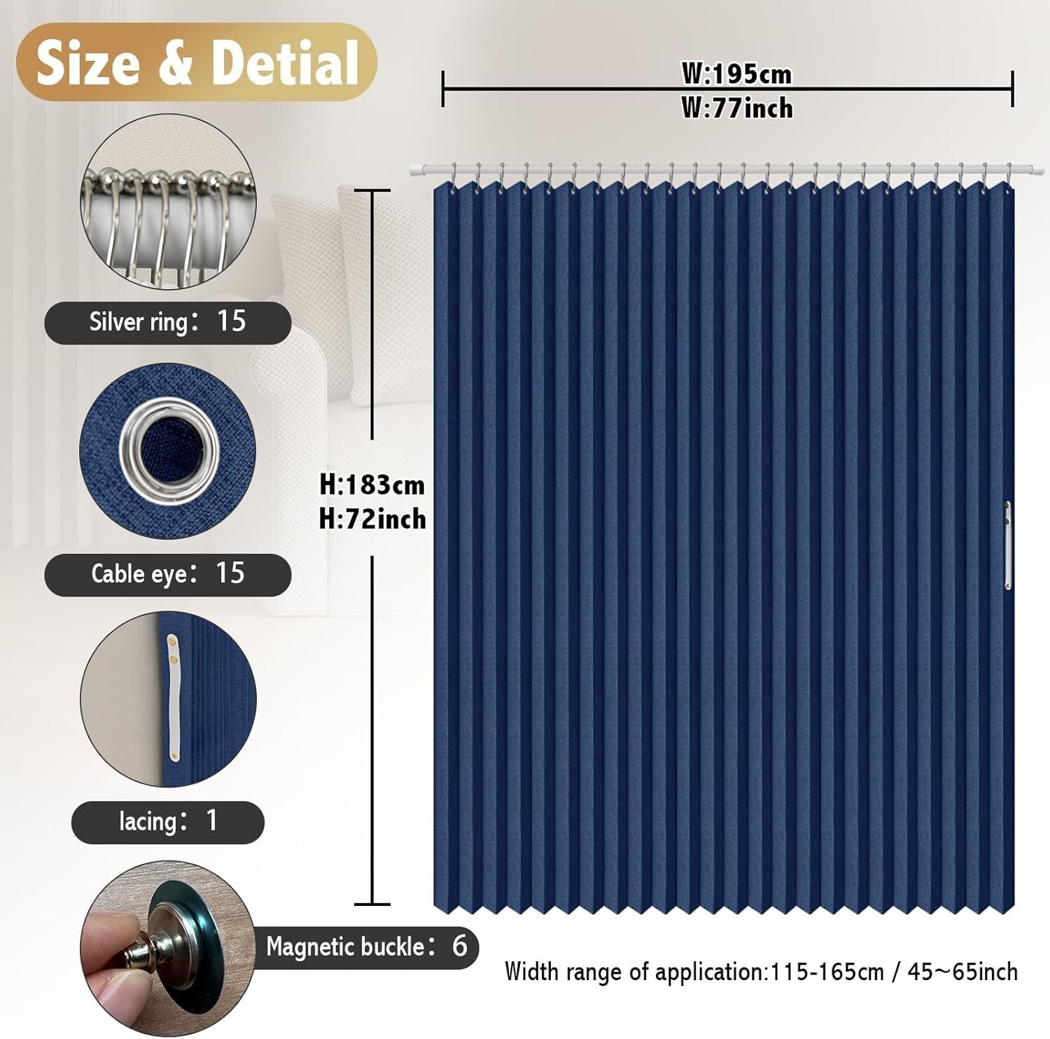 Waterproof Accordion Shower Curtain - Space-Saving Magnetic 1 Panel, Dark Blue