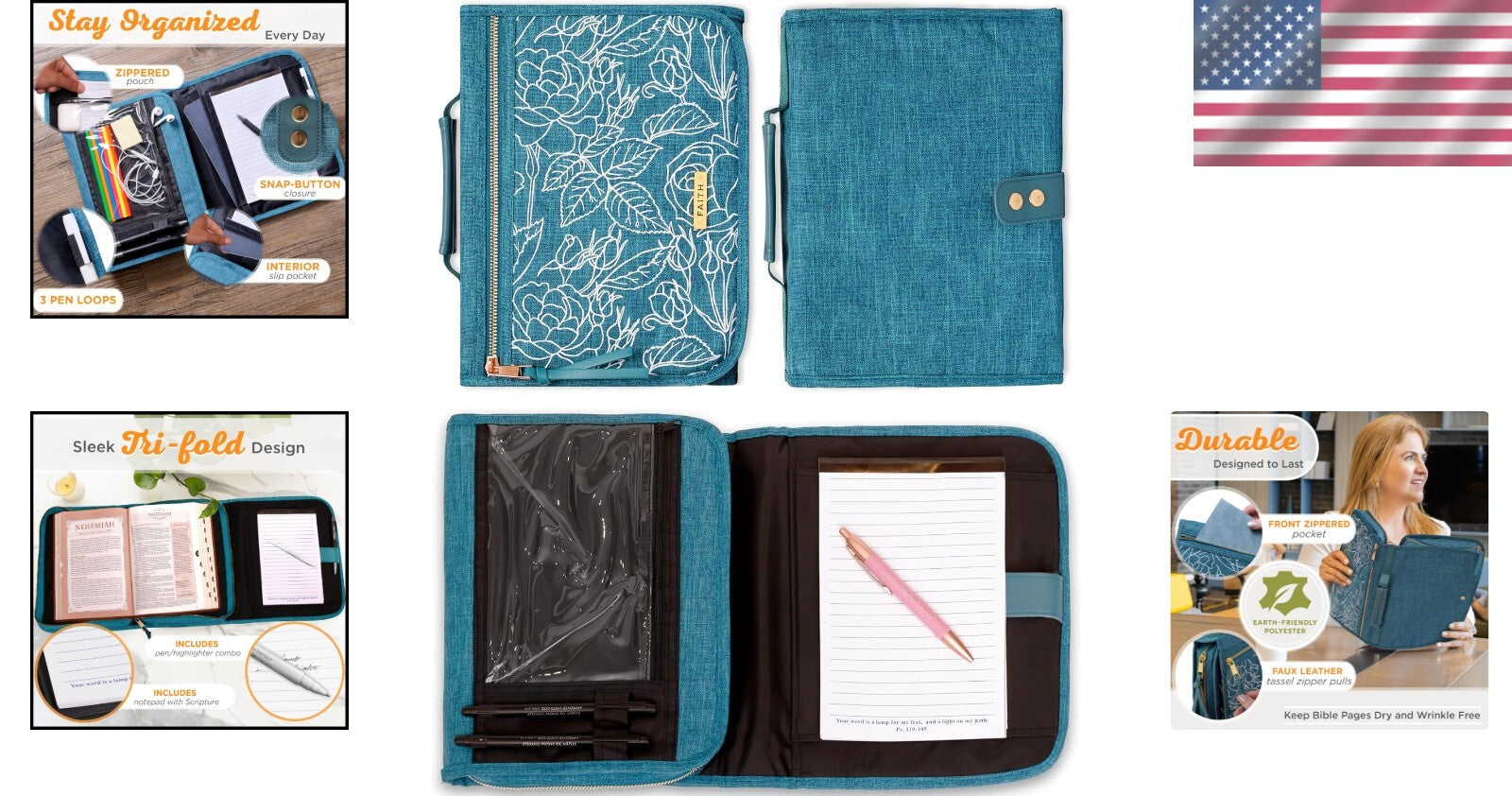 Protective Teal Floral Bible Cover with Zipper and Notepad for Organized Faith