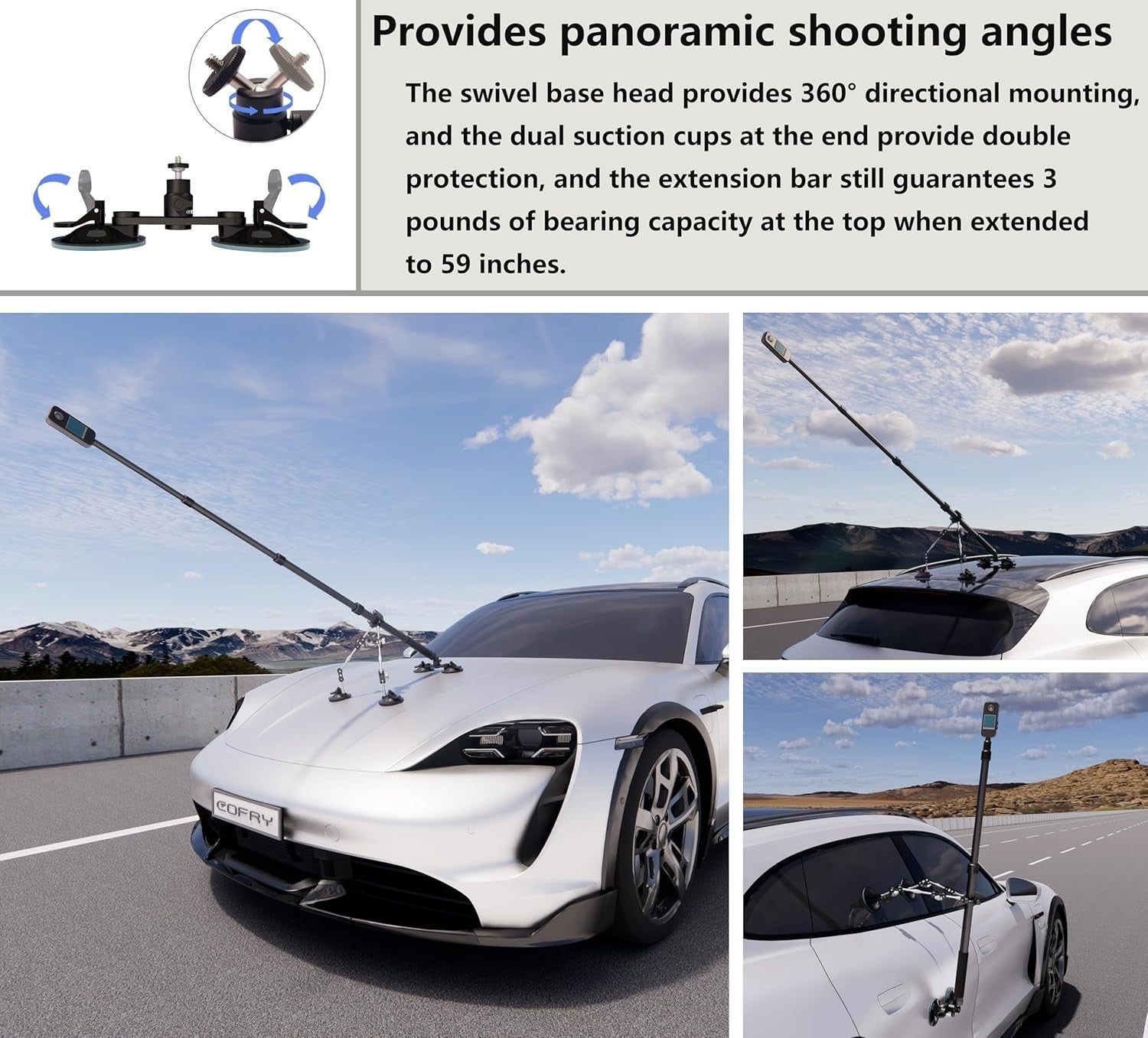 Aviation Grade Aluminum Car Mount with 44-Inch Selfie Stick for Action Cameras