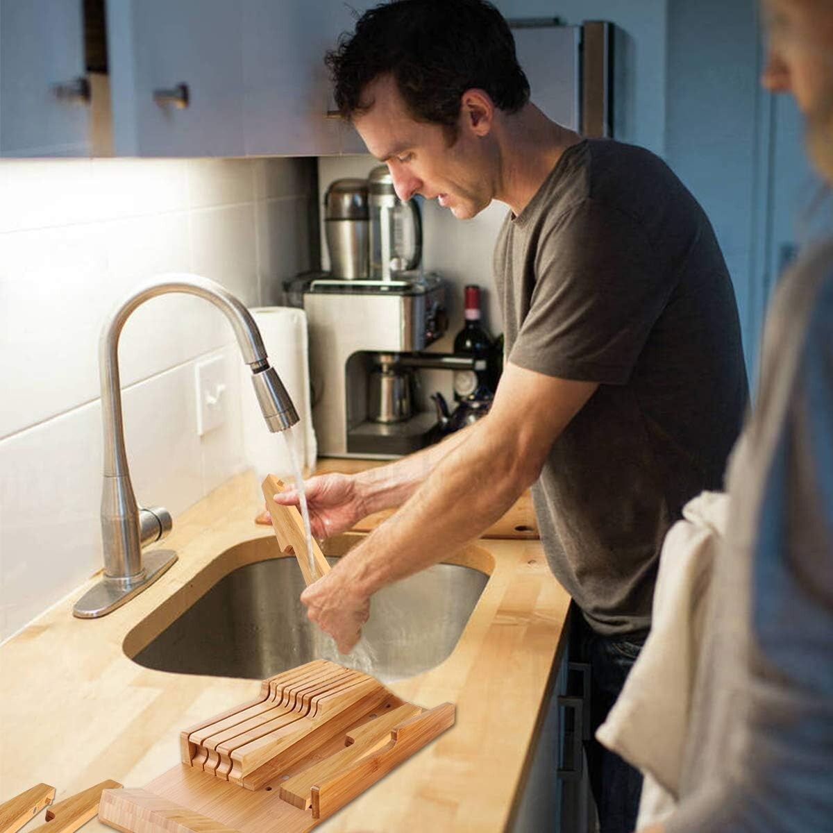 Elegant Bamboo In-Drawer Knife Block Organizer for 16 Knives - Detachable Design