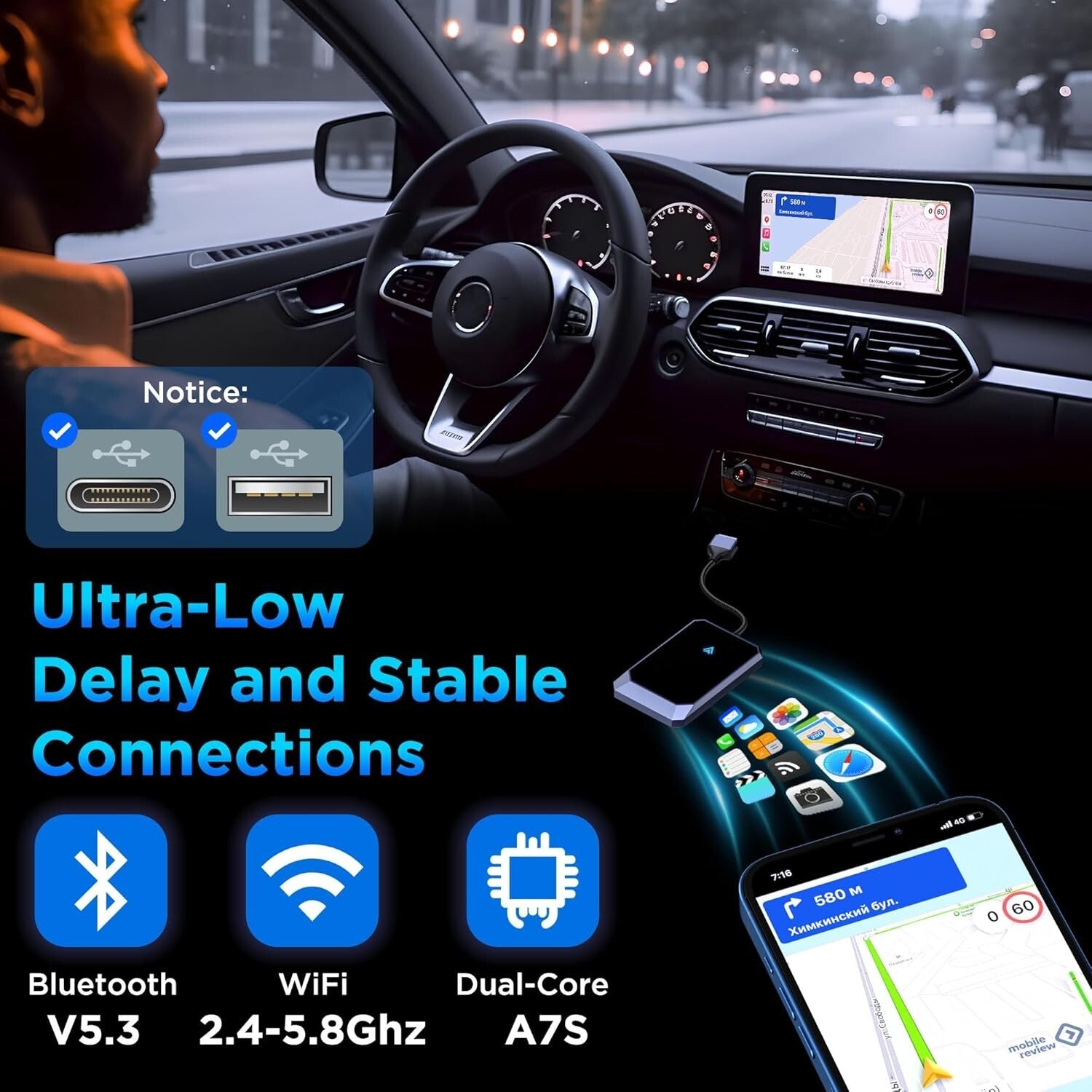 Plug-and-Play Wireless Adapter for Android Auto - Compatible with 800+ Cars