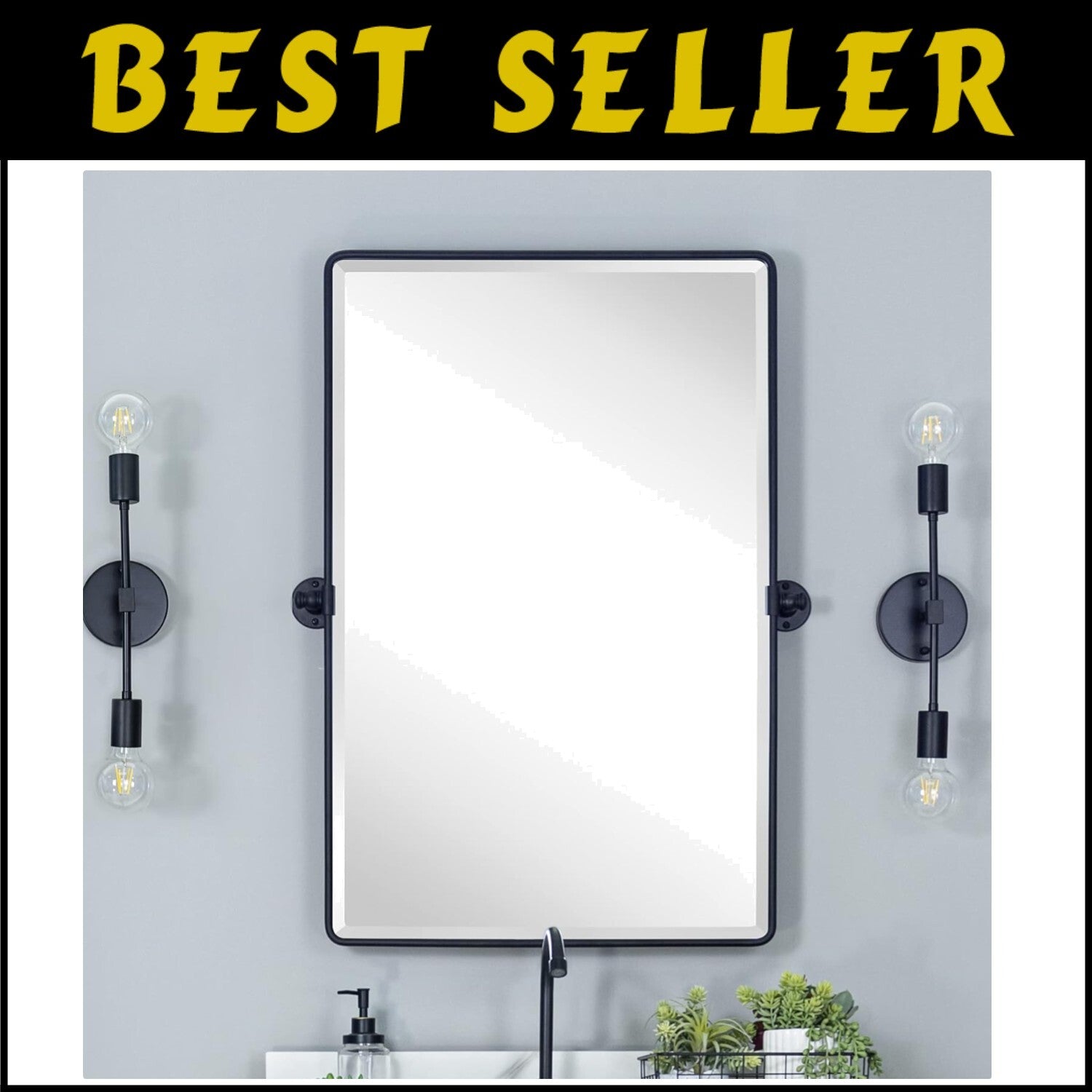 Beveled Rectangular Black Metal Framed Bathroom Mirror - 30x20" Tilting Design