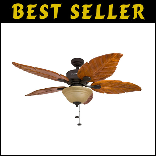 Royal Palm 52" Tropical LED Ceiling Fan with Pull Chain & Hand-Carved Blades