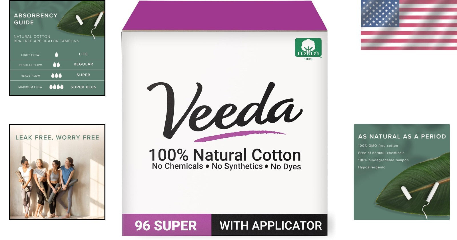100% Natural Cotton Tampons - Super Absorbency & Leak-Proof Protection - 96 Ct