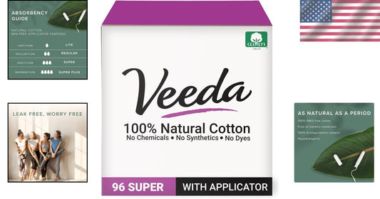 100% Natural Cotton Tampons - Super Absorbency & Leak-Proof Protection - 96 Ct