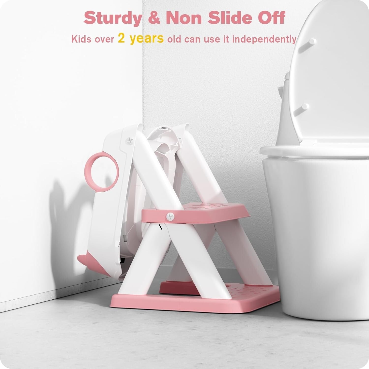 2 in 1 Pink Potty Training Seat with Adjustable Height & Anti-Slip Step Stool