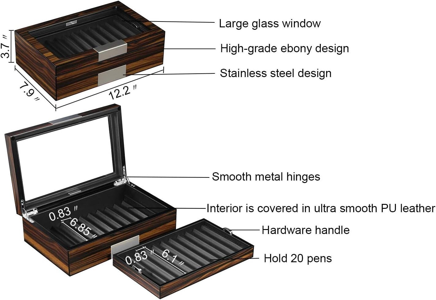 Portable Ebony Wood Pen Case with Glass Window - Protects & Displays 20 Pens