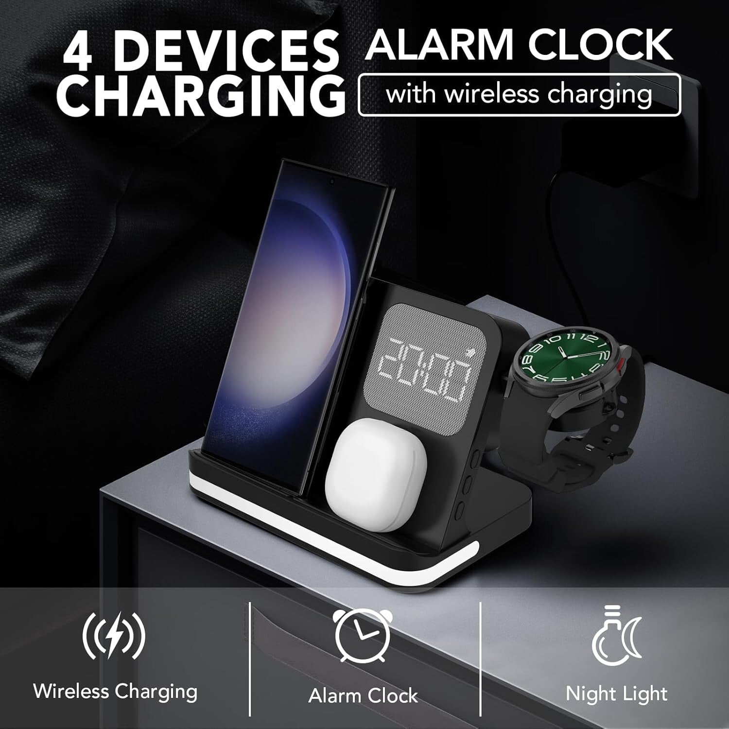 Compact Wireless Charging Station with Alarm Clock for Galaxy Watches/Samsung
