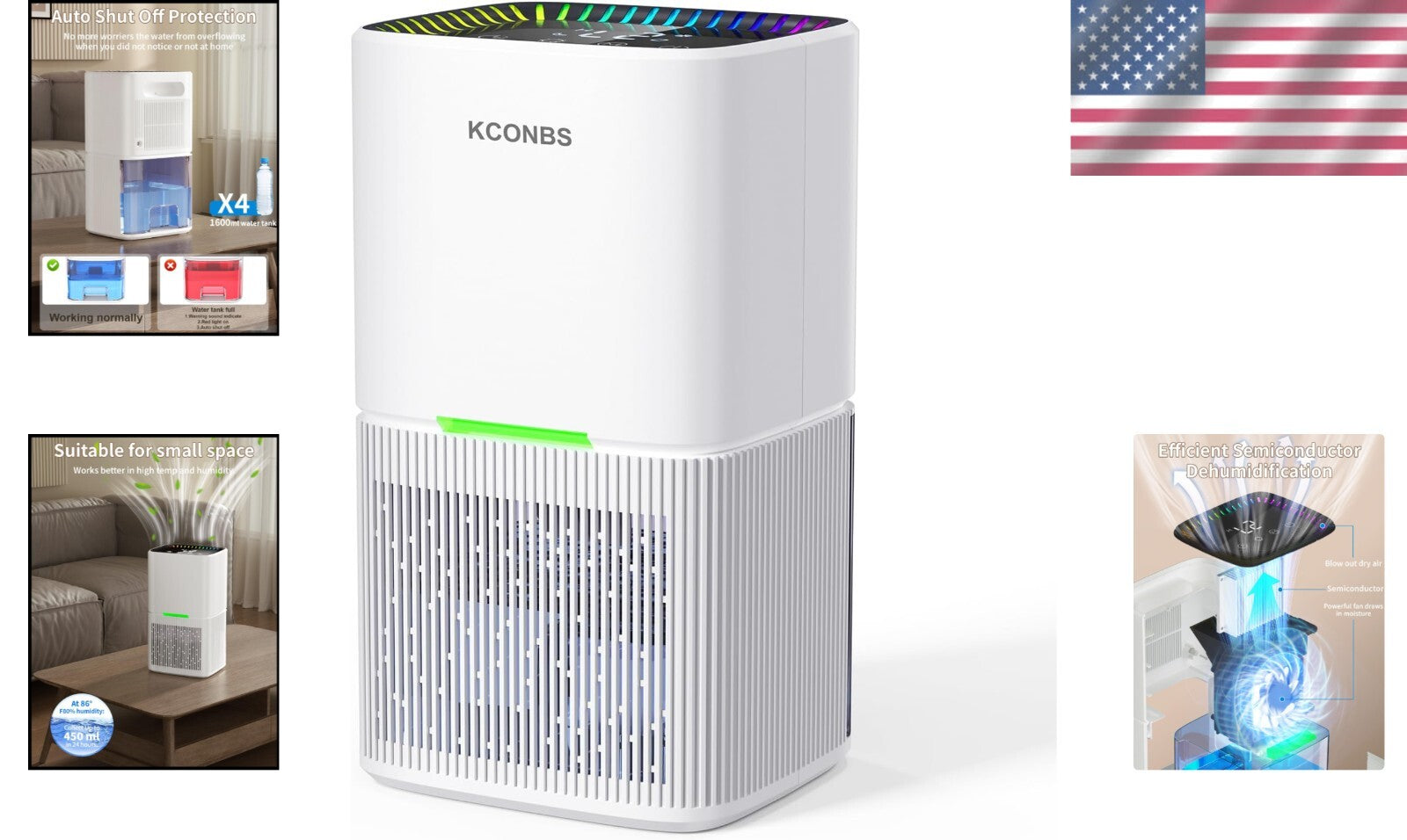 Efficient 500 sq.ft Dehumidifier with Automatic Shut-Off & Colorful LED Lights