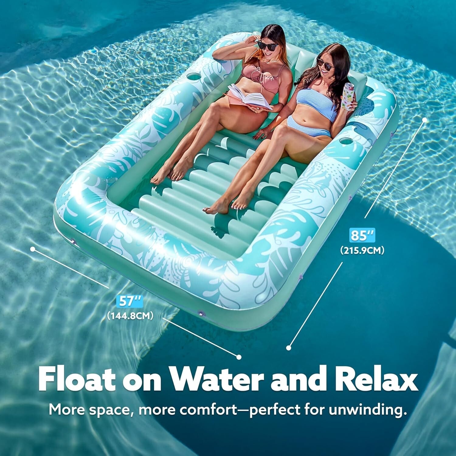 Cyan White Inflatable Pool Raft Float with Drink Holders - Perfect Summer Gift