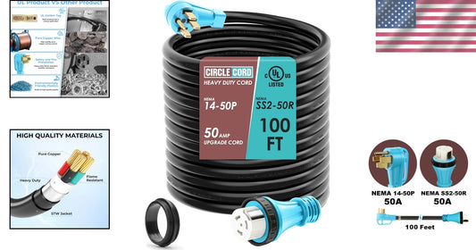 Secure 50A 100ft RV Power Cord with Locking Connector - Ideal for Generators