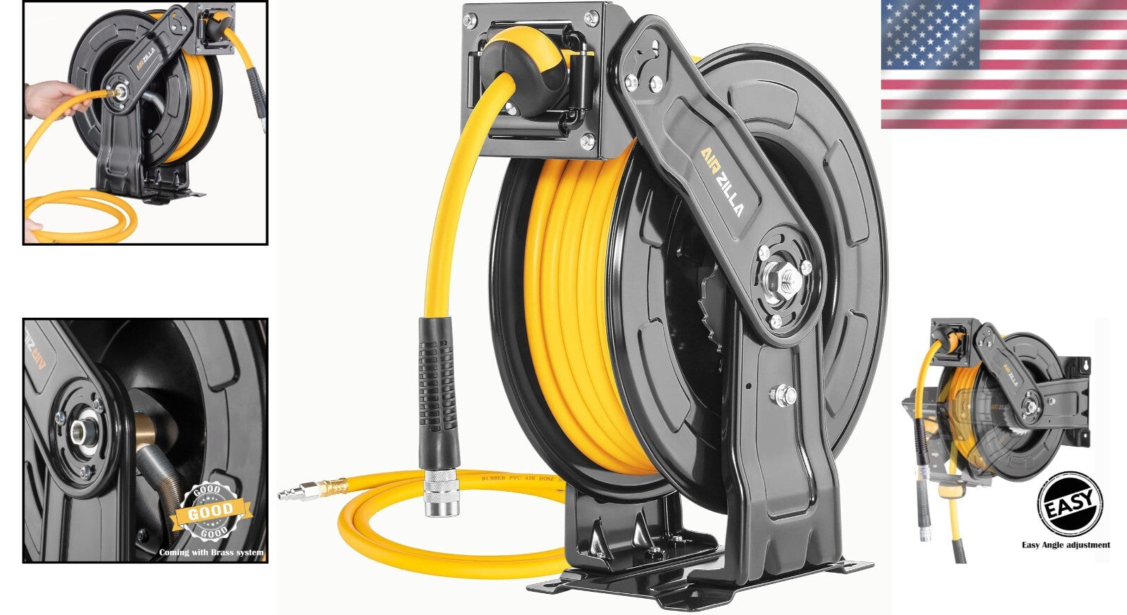 Automatic Rewind Steel Air Hose Reel with 3/8" x 50FT Hose - Multi-Mount Options