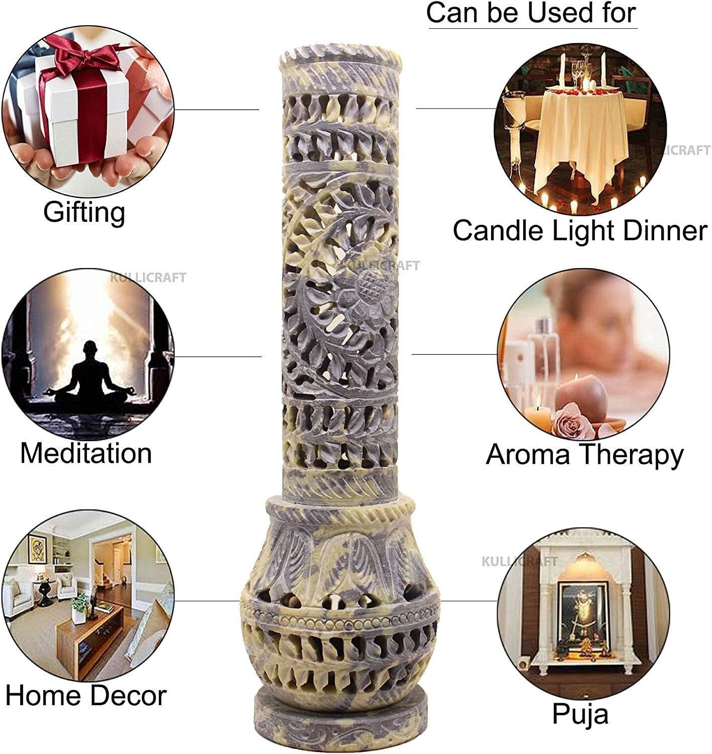 Intricate Floral Carved Soapstone Incense Tower & Tea Light Stand for Gifting
