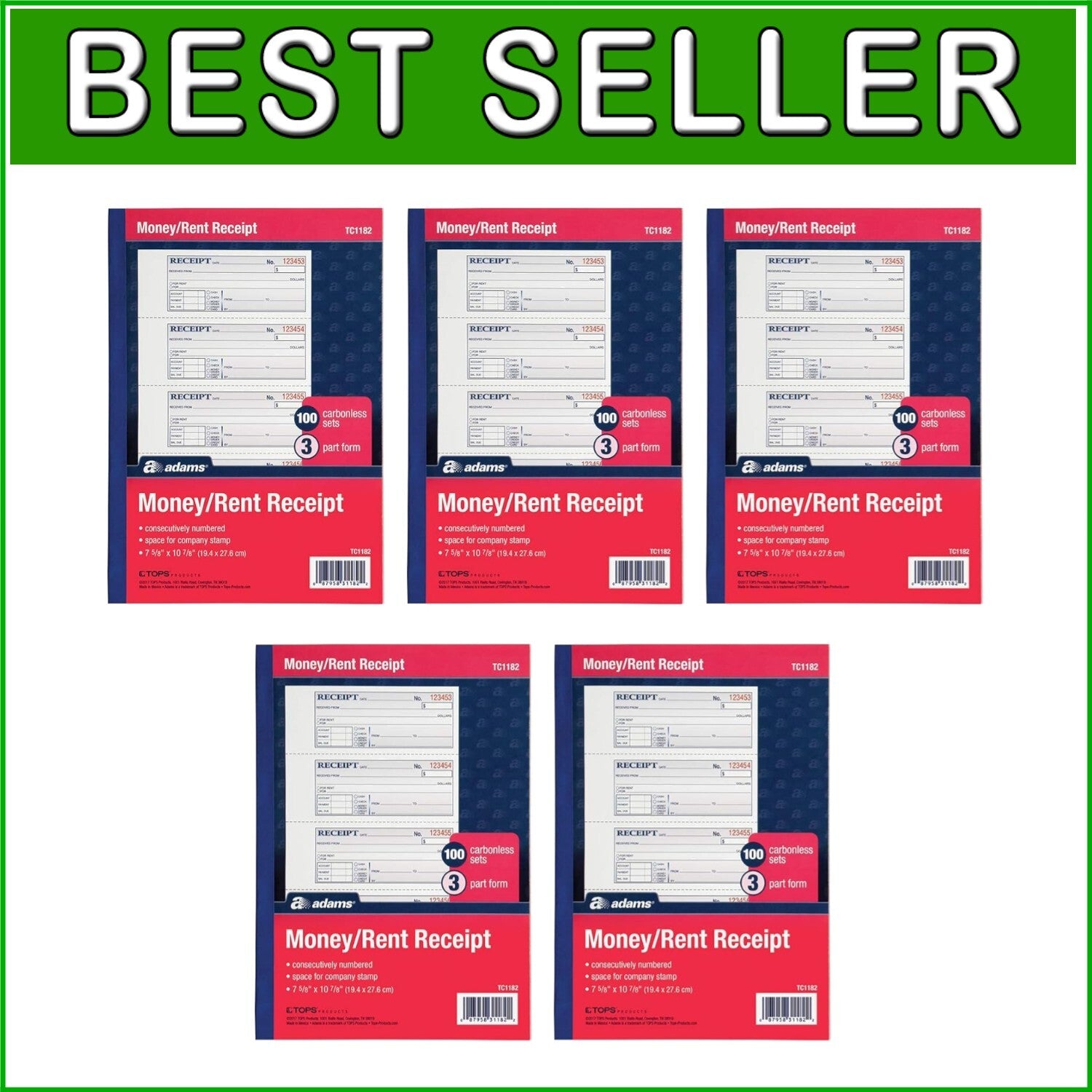 Durable 3-Part Carbonless Rent Receipt Books - 5-Pack with Wraparound Cover
