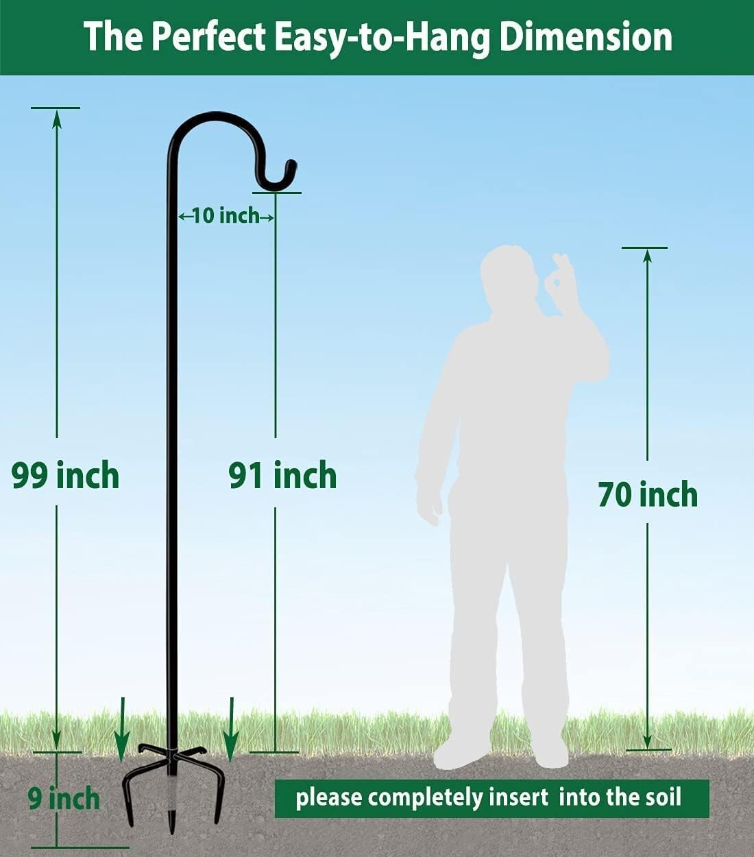Black Powder-Coated Adjustable Outdoor Shepherd Hook, 5 Prongs for Stability