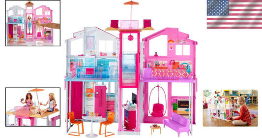Interactive 3-Story Doll House Playset with Elevator & Swinging Lounge Chair