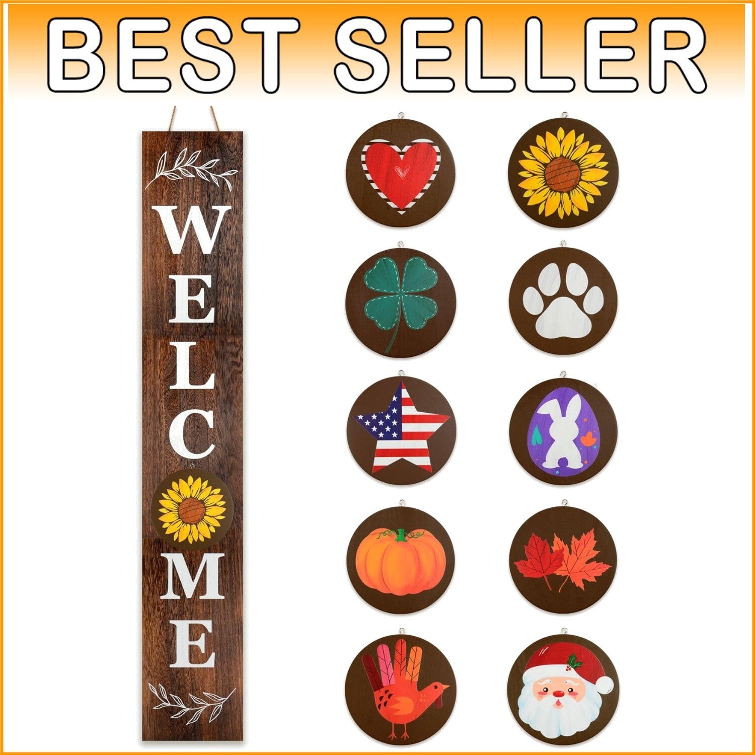 Charming 3.9ft Leaning Welcome Sign with 10 Seasonal Icons - Handmade Decor