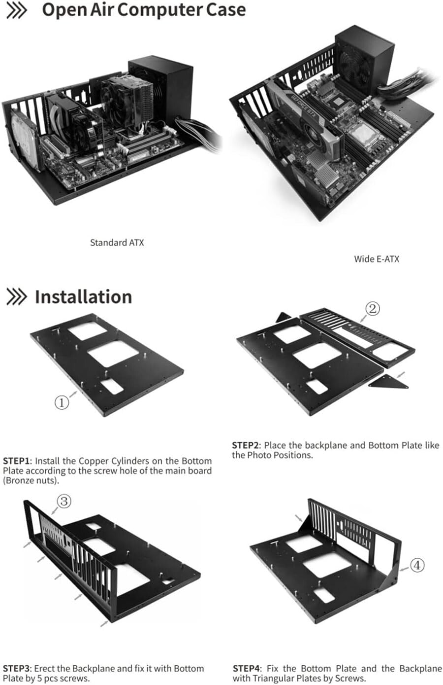 Black Metal Open Chassis PC Case with 7 Expansion Slots and USB Connectivity