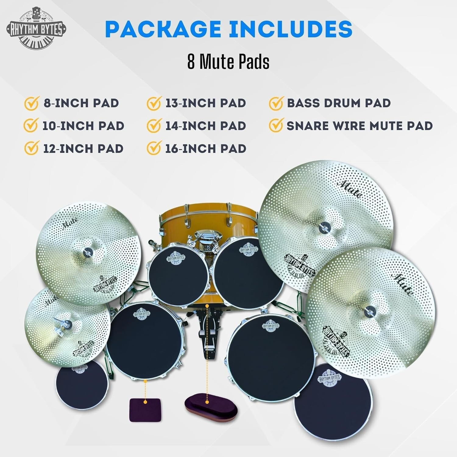 Drum Silencer Pads Set - 8pc with Bass & Snare Mutes for Peaceful Practice