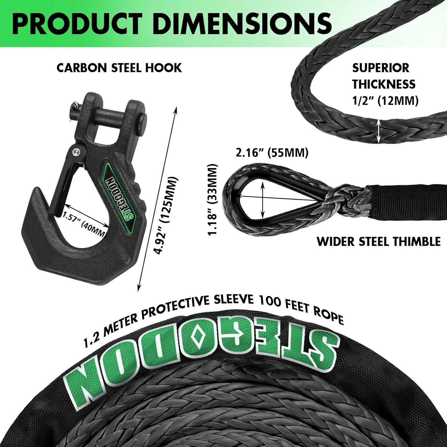 1/2" x 85 ft Synthetic Winch Line Kit - 32000lbs with Soft Shackles & Hook