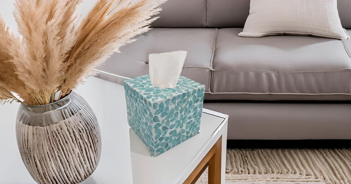 5.9-Inch Mother of Pearl Cube Tissue Box Cover - Rustic Teal Floral Decor