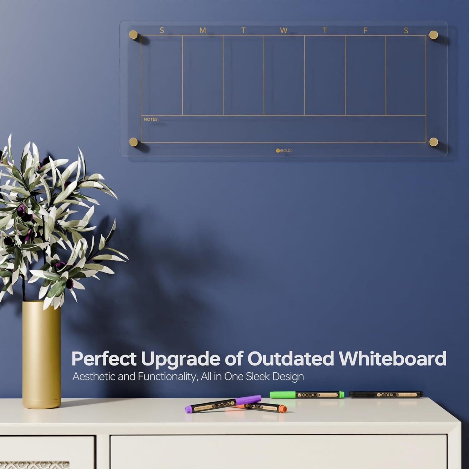 Elegant Glass Weekly Dry Erase Calendar with 4 Markers - 23x9.5 for Home Office